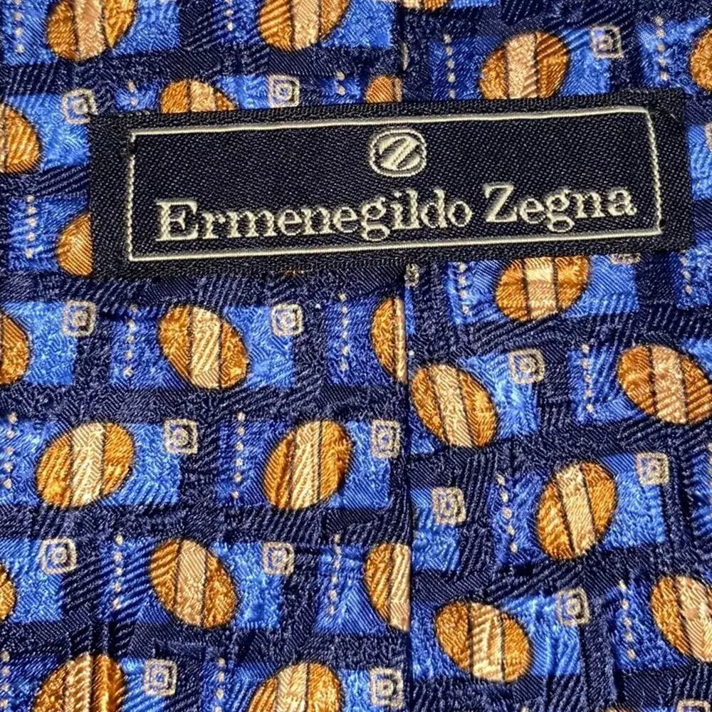 ERMENEGILDO ZEGNA $210 Mens Blue Brown Print Silk Necktie Tie EUC